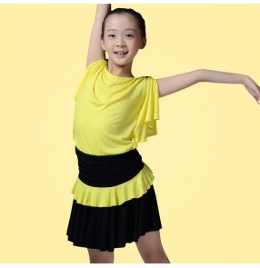 Yellow black spandex cotton patchwork short sleeveless girls kids children  gymnastics performance professional ballroom latin salsa cha cha dance dresses outfits
